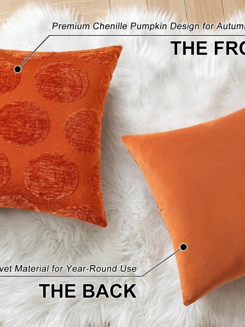 Chenille Rust Pumpkin Soft Throw Pillow Covers 20x20 Set of 2 | Fall Decorative - Picture 2 of 6